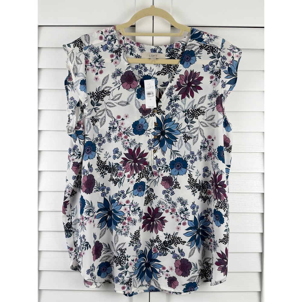 LOFT Floral Blouse XL White Blue Purple Ruffle Sleeve V-Neck NEW